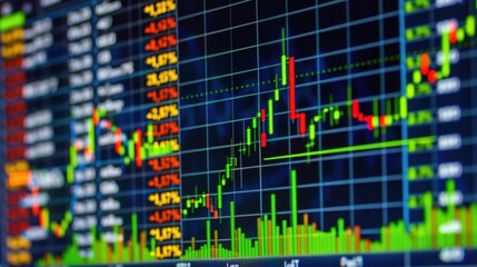 Obraz premium Close-up of digital stock market screen showing upward trend graph, symbolizing stock buyback, financial charts and candlestick patterns in background. 