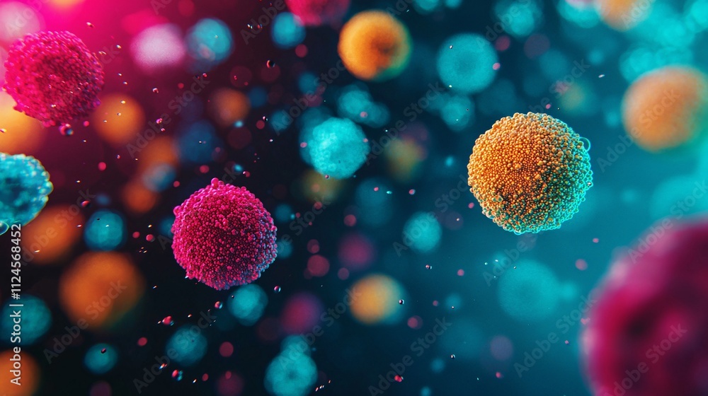Poster biotechnology and cells with vibrant bacteria in microscopic interaction for evolution and visualiza