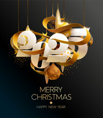 New Years 2025. Greeting card with date and golden ribbon , christmas decoration.  Festive banner design.