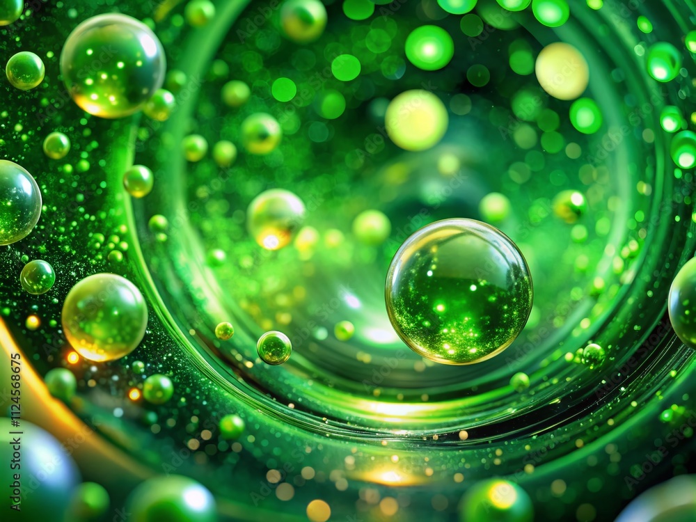 Poster abstract green background with neon dots and rotating bubbles in a tilt-shift style for dynamic visu