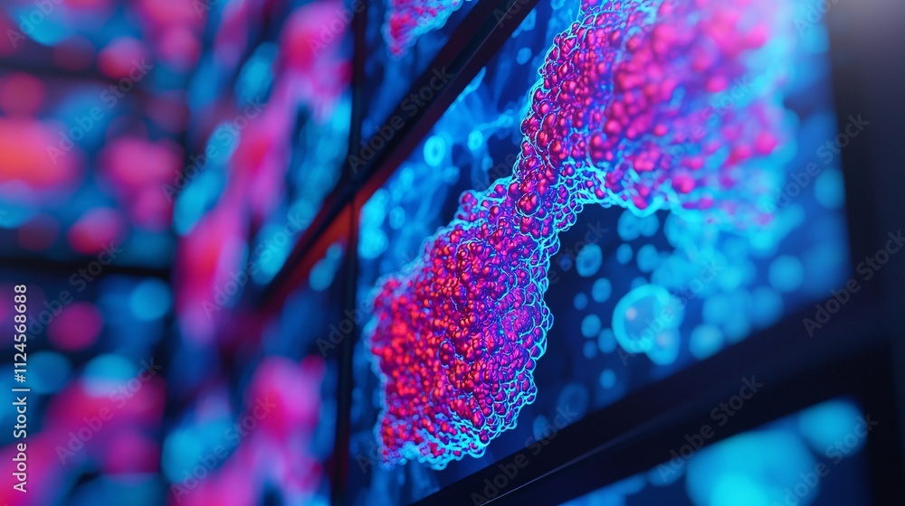 Poster biotechnology and cells in microscopic biology with patterns and visualization for research and inno