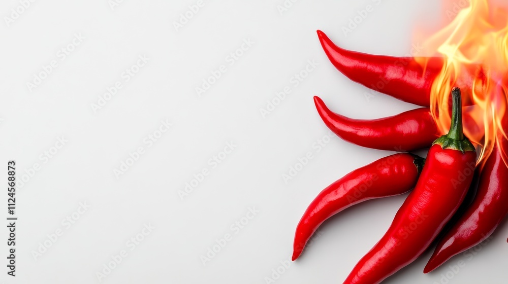 Poster a close up of a red pepper with a flame on it. the peppers are arranged in a row and are surrounded 