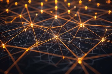 Fototapeta premium Glowing nodes interconnected by delicate lines showcase a vibrant network, symbolizing digital connectivity and technology in a dark, modern setting.