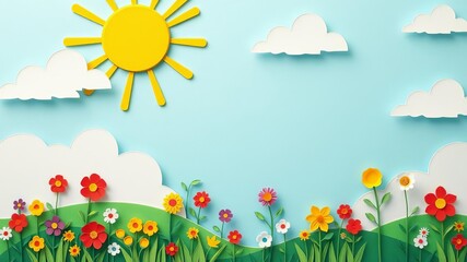 Vibrant paper cut landscape with colorful flowers, sunshine, whimsical clouds, summer, nature