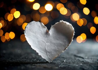 Obraz premium Broken Heart, Torn Paper Heart, Black Background, Bokeh, Sadness, Love, Loss, Grief, Pain, Romance, Photography, Image, Wallpaper, Art