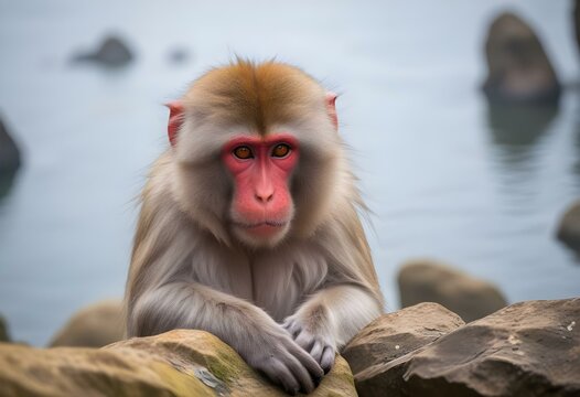 A close-up of a middle-aged Japanese macaque monkey with a red face sitting on a rock