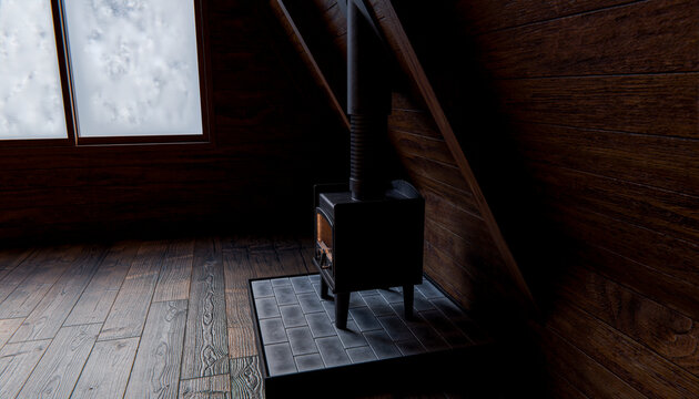 3D render of a cozy winter cabin interior with a wooden stove and snowfall outside