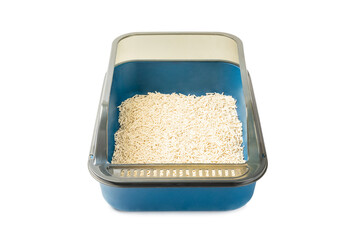 Toilet tray isolated on white background. Toilet for pets. Caring for animals. Cat litter box. The cat is in the toilet.