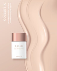 Cosmetics and skin care product ads template on foundation background.