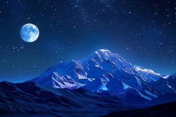 A breathtaking mountain stands tall against a deep blue night sky, illuminated by a luminous full moon and scattered stars adding to the serene atmosphere.
