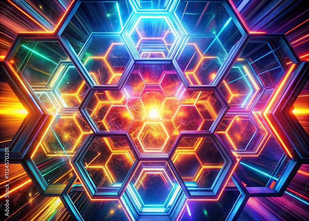 Aufkleber abstract hexagon pattern with glowing lights in long exposure, showcasing vibrant colors and dynamic