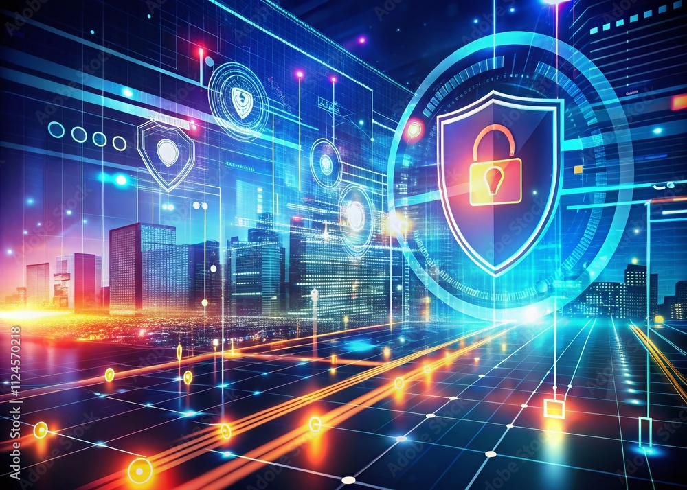 Poster abstract high-tech background illustrating cyber security and personal data safety concepts in a mod
