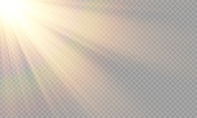 Vector transparent sunlight with lens flare effect. Overlays, overlay, light, Sun, sunrays, overlays, light transitions, lens flare, light leaks and glare in PNG format. Sunlight flare light effect.	

