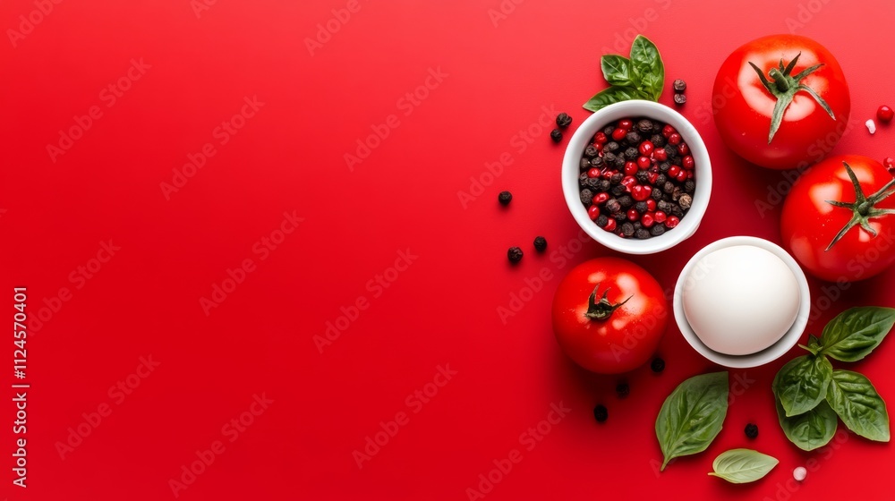 Poster a red background with a white bowl of tomatoes and basil. the arrangement of the ingredients creates