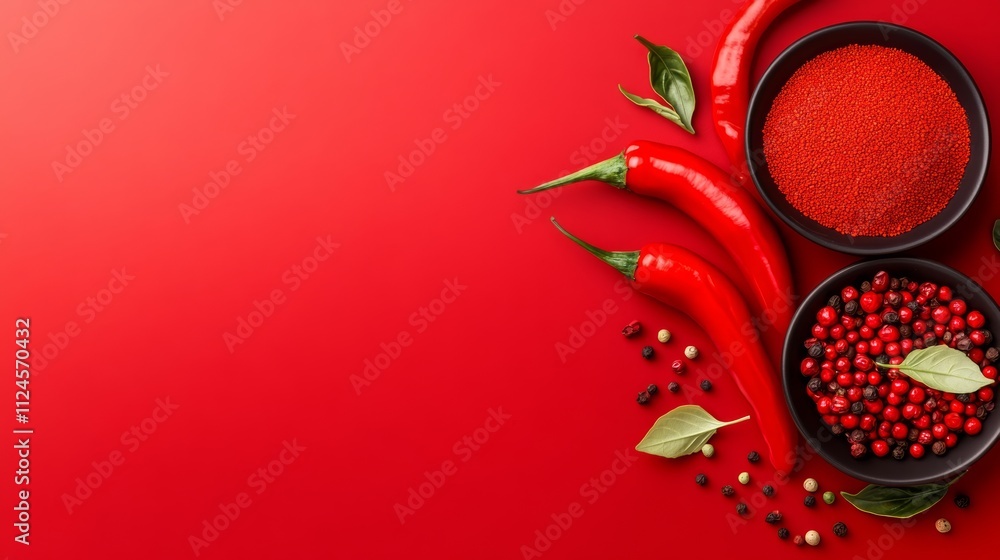 Poster a red background with two bowls of red peppers and red pepper flakes. the peppers are arranged in a 