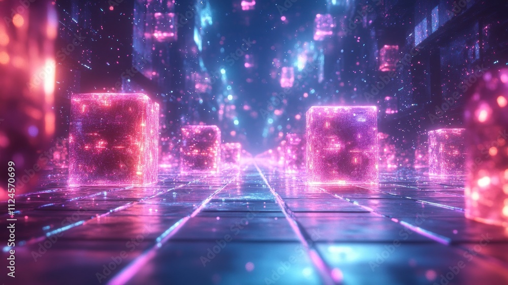 Poster Futuristic Neon Light Abstract Landscape in Cyberpunk Style with Glowing Grid and Dynamic Colors