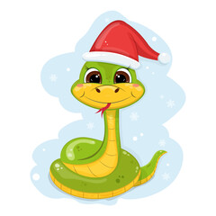 Print. Snake in Santas hat. Snake.  Animal. Cartoon. Reptile. Cute Snake. Character. Illustration. Images. Symbol 2025.