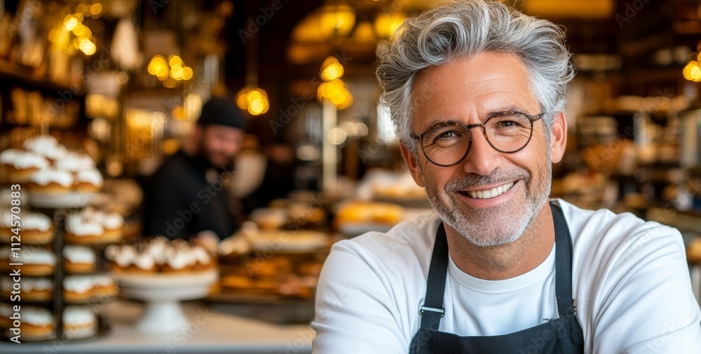 Poster a man with glasses and apron is smiling in front of a bakery. he is posing for a picture