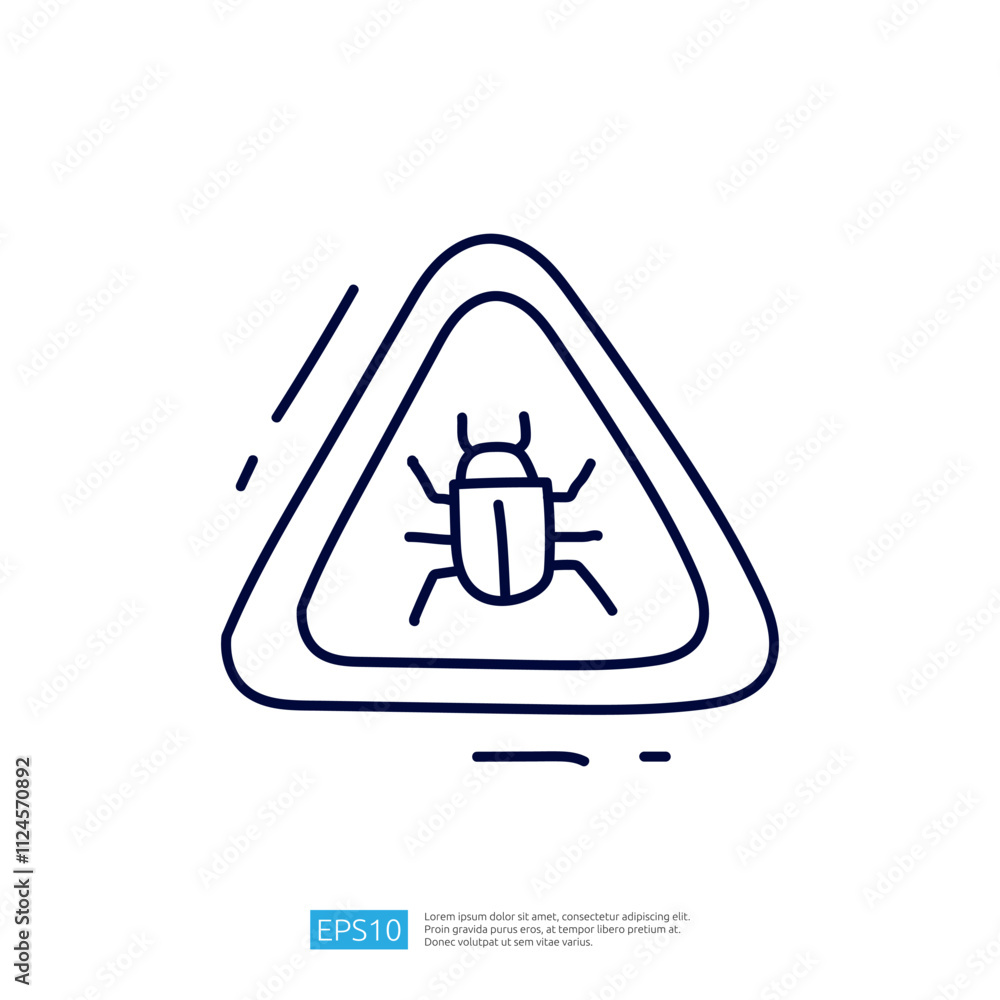 Poster a simple line drawing of a triangular warning sign featuring a beetle, indicating a potential pest o