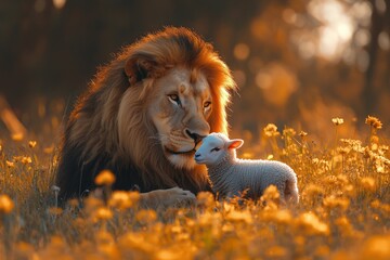 Lion and Lamb in Serene Meadow at Sunset: The Duality of Strength and Innocence
