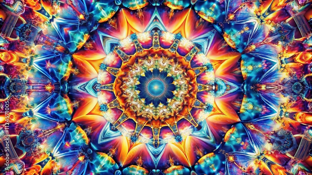 Poster abstract kaleidoscope motion background with multicolored graphics and patterns captured from drone 