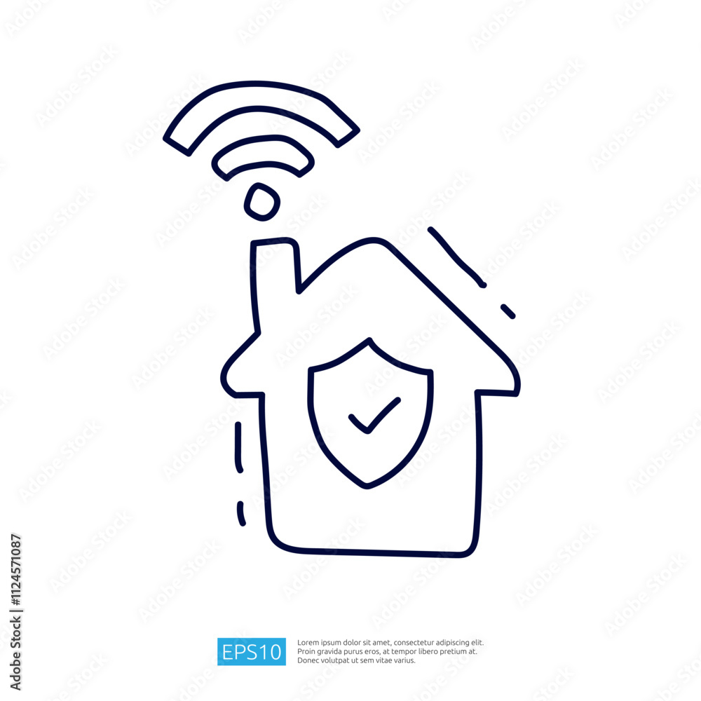 Aufkleber a simple line drawing of a house with a shield and a wi-fi symbol, representing home security and co