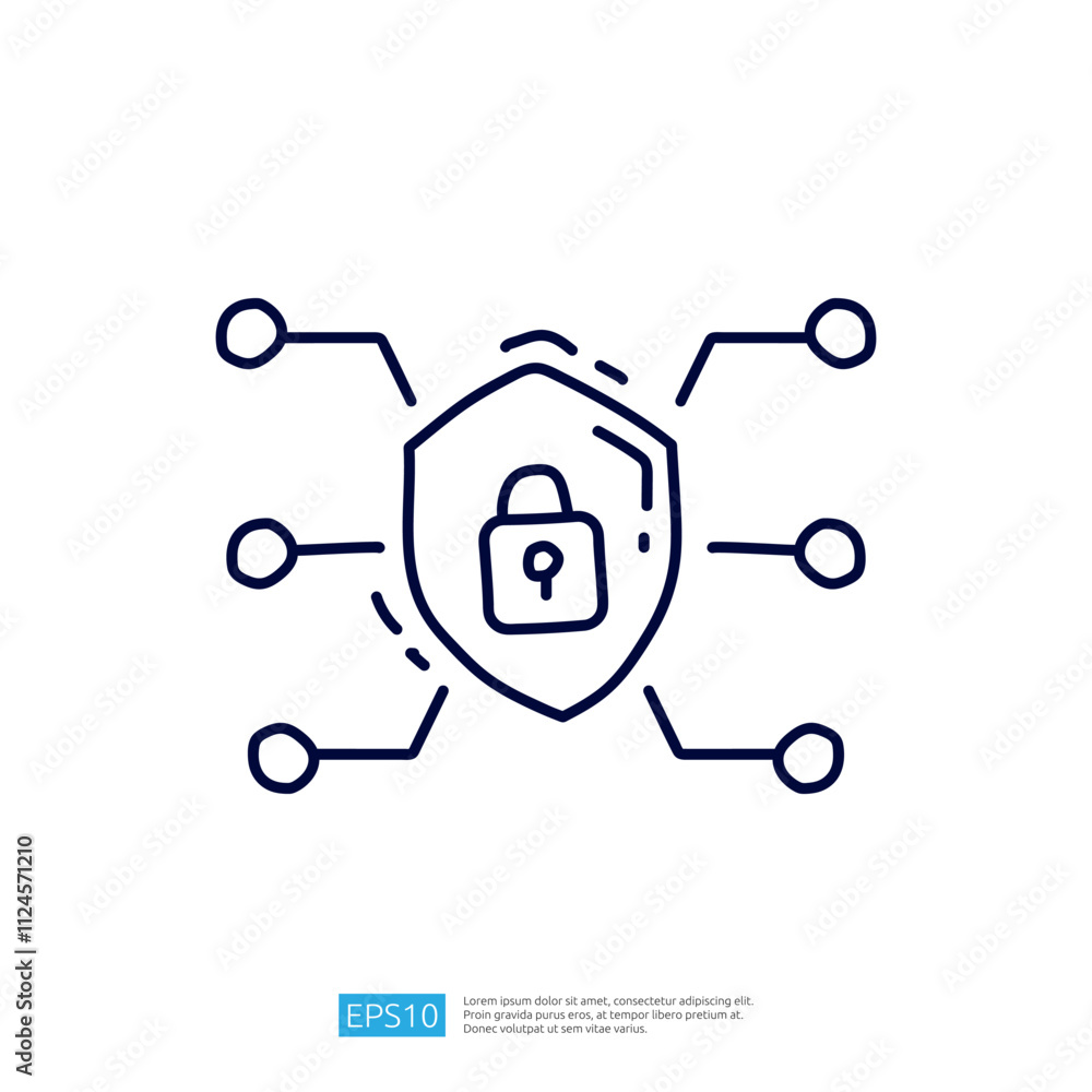 Poster an illustration of a shield with a padlock at its center, connected by lines to various nodes, symbo