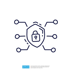 An illustration of a shield with a padlock at its center, connected by lines to various nodes, symbolizing cybersecurity and data protection.