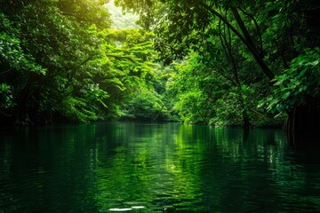 Fototapeta premium A calm river winds through a vibrant green forest, reflecting the foliage above as sunlight gently filters through the trees, creating a peaceful atmosphere.
