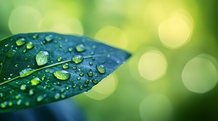 Fototapeta premium A close-up of water droplets on a leaf, with blurred green and blue background, large empty space around the edges
