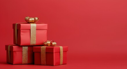 Obraz premium Decorations for Spring Festival concept. Three beautifully wrapped red gift boxes with gold ribbons against a solid red background, perfect for festive occasions.