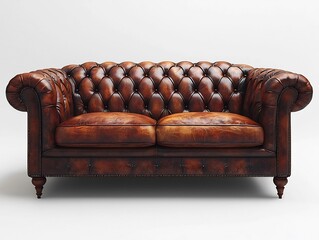 Vintage inspired Leather Chesterfield Sofa with Deep Button Tufting and Rolled Arms  Isolated on White Background