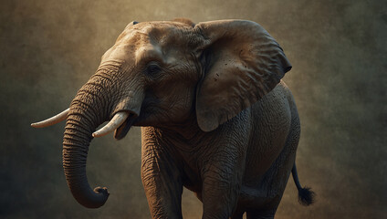 An elephant with prominent tusks stands majestically against a rich brown background, showcasing its grandeur and strength. © Faria