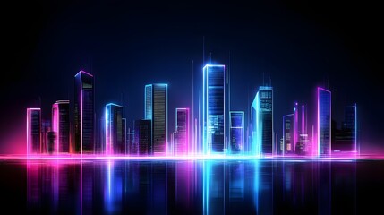 A futuristic city skyline with glowing neon lights against a dark sky, vibrant blue, purple, and pink tones, empty space for design elements