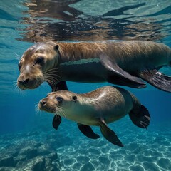 Fototapeta premium A sea lion mother teaching her pup to swim in clear blue shallows.