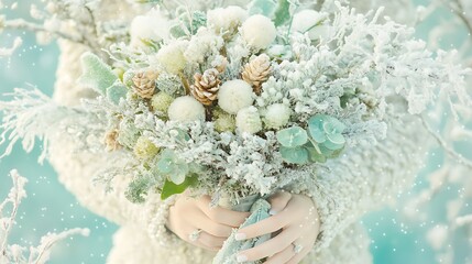 Fototapeta premium Snow Covered Winter Bouquet Held In Hands