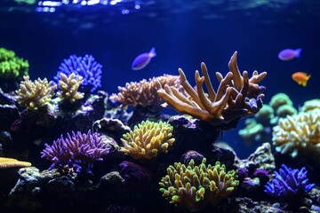 Fototapeta premium Colorful coral reef with various fish swimming in a marine habitat. Generative AI
