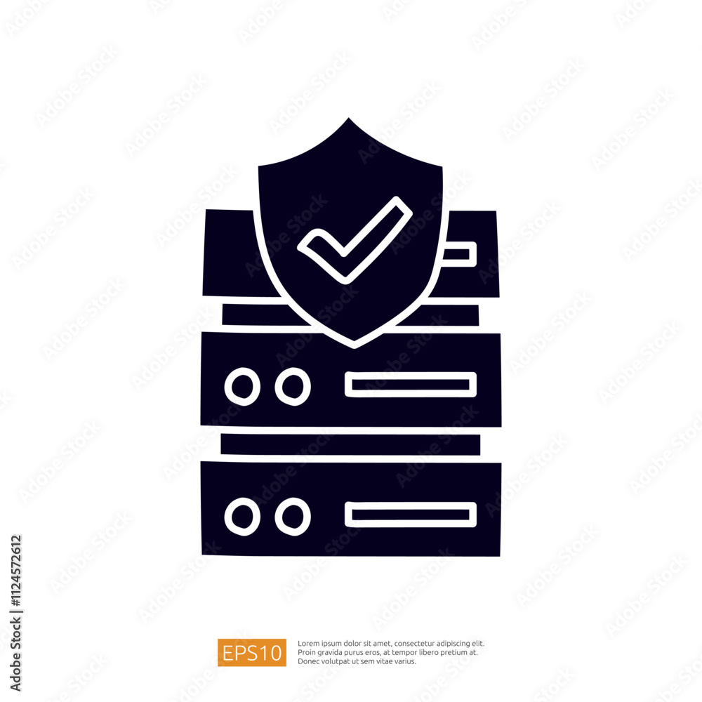 Poster the image features a stack of server racks with a shield symbol, representing data security and prot