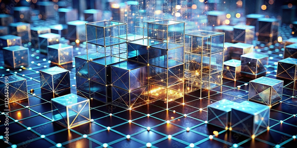 Poster abstract low poly wireframe cubes group depicting a technological city with connected lines and rect