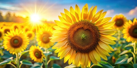 Obraz premium Cute Sunflower Macro Photography: Sunny Field Banner, Copyspace Image