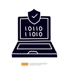 A stylized illustration of a laptop displaying binary code and a shield symbol, representing cybersecurity and data protection.
