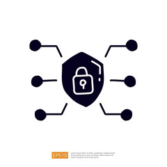 A graphic representation of cybersecurity, featuring a shield with a padlock, symbolizing protection and security in digital environments.