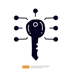 A stylized graphic of a key with multiple lines extending from it, suggesting connectivity or technology.