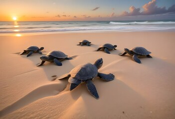 Baby sea turtles emerging from the sand on a beach at sunset