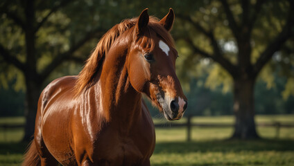 Obraz premium A horse stands gracefully in a lush green field, surrounded by vibrant grass under a clear blue sky.
