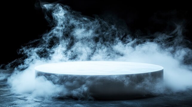 Empty Round platform emerging from a mysterious dry ice smoke on a black background, creating an ideal setting for product showcasing.