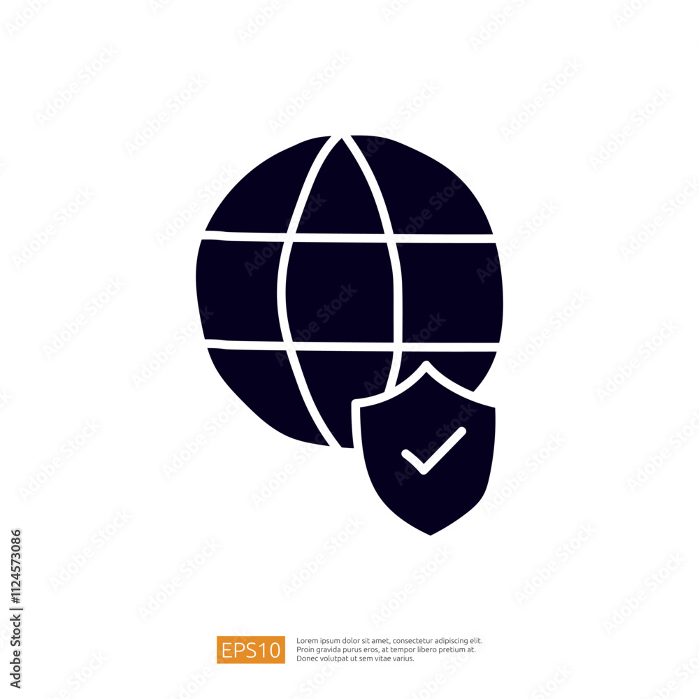 Poster this image features a globe symbolizing global connectivity alongside a shield with a check mark, re