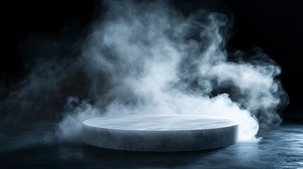 Empty Round platform emerging from a mysterious dry ice smoke on a black background, creating an ideal setting for product showcasing.