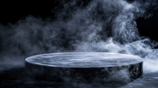 Empty Round platform emerging from a mysterious dry ice smoke on a black background, creating an ideal setting for product showcasing.