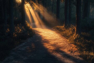 Naklejka premium Golden sunlight filtering through trees along a quiet forest path at sunset. Generative AI